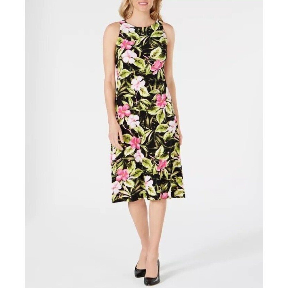 Kasper Women's Sleeveless Jewel Neck Hibiscus Floral Dress Size L NEW